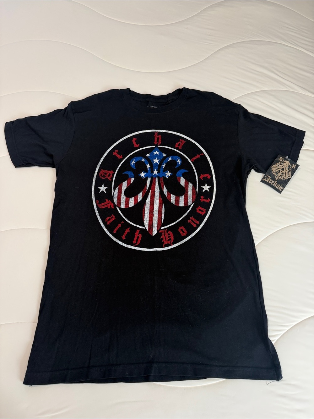 Archaic Black Short-Sleeve Tee with Red, White & Blue Fleur-de-Lis Graphic